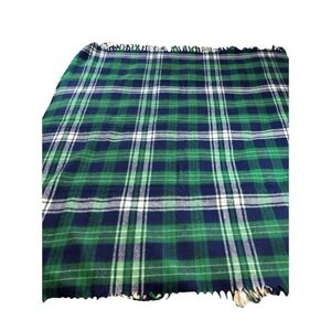 Faribault Woolen Mills Blue-Green-White Plaid Tartan Fringed Acrylic Blanket EUC